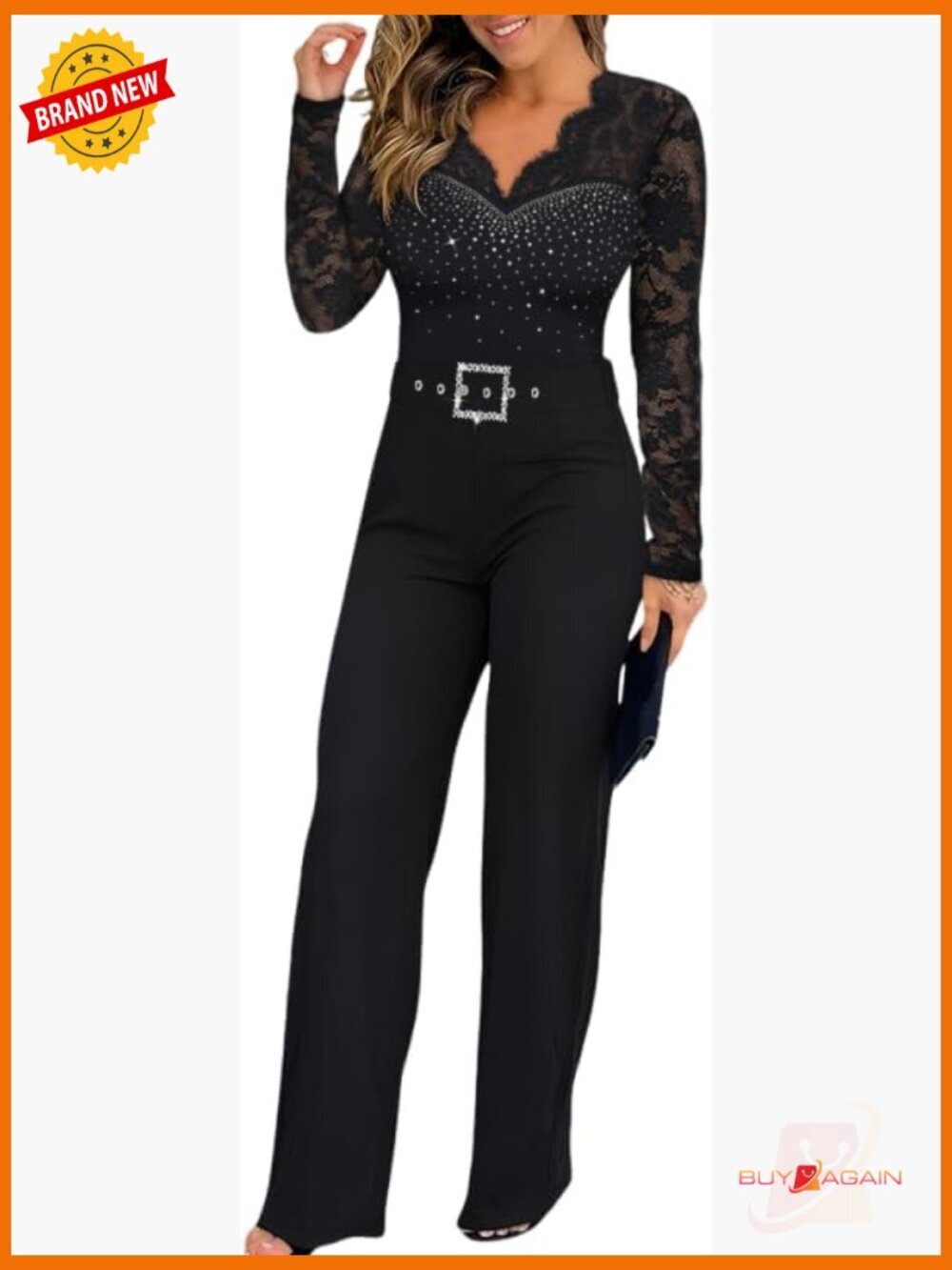 Elegant Lace Jumpsuit V-Neck Long Sleeve Rhinestone Evening Pantsuit